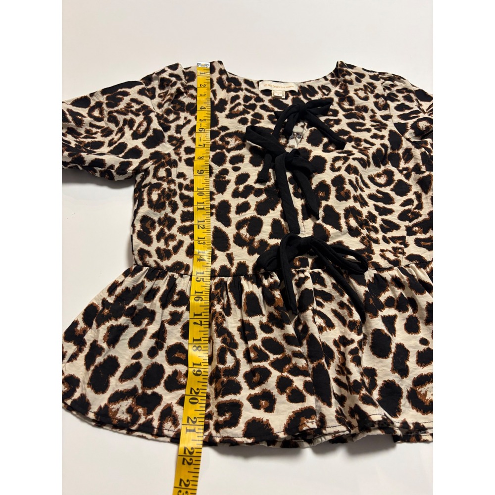 Monteau Leopard Print Front Ties Peplum Blouse Brown Black Small - Picture 7 of 7
